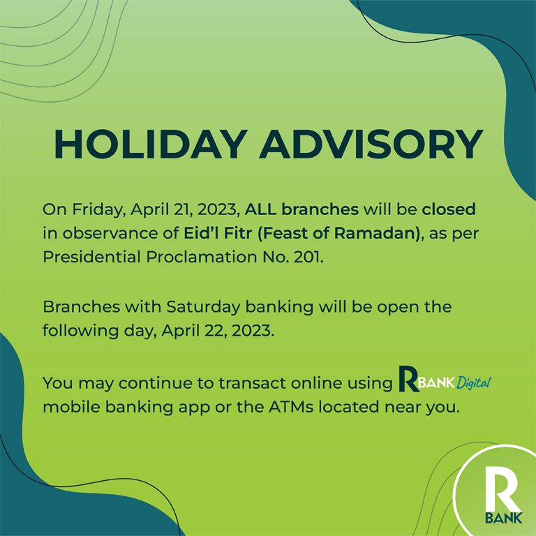 RBank Holiday Advisory Eid'l Fitr April 21, 2023 Robinsons Bank